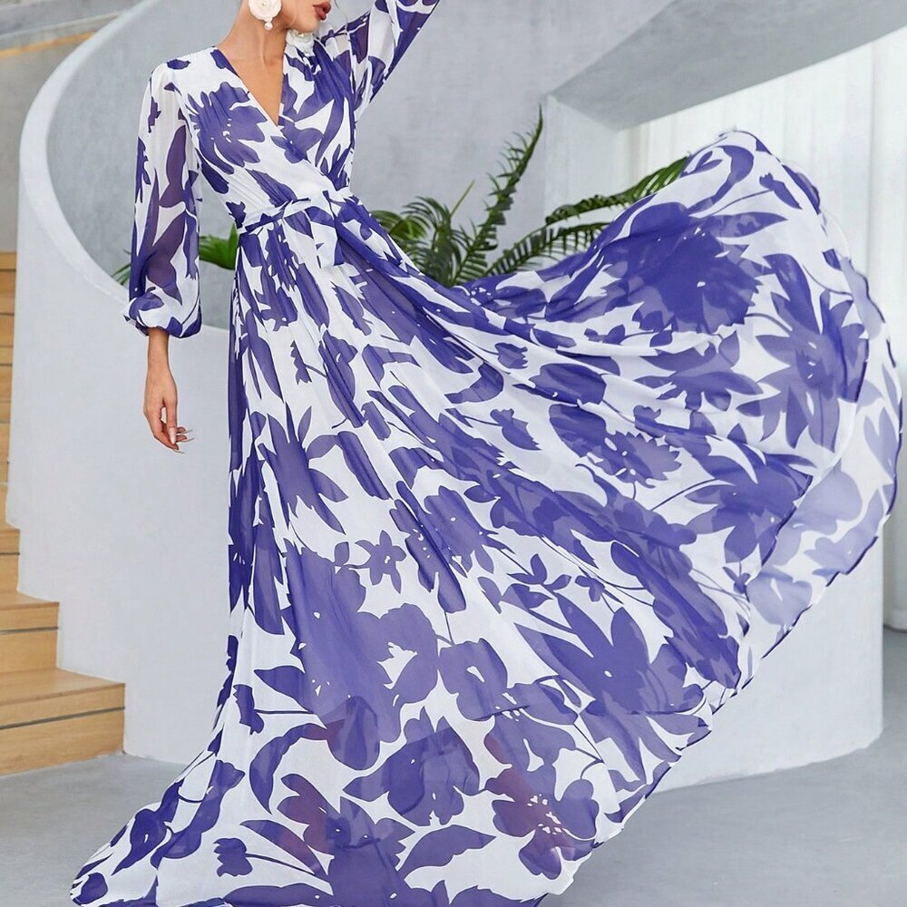 Boho Elegant Women's Blue & White Printed Maxi Dress